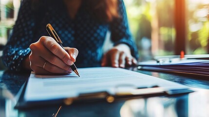 Obraz premium A close-up of a business insurance policy document being signed by an entrepreneur.