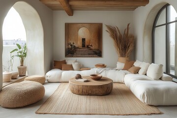 zen living space minimalist round coffee table beside plush beige sofa oversized art print warm...