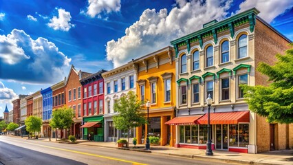 Naklejka premium colorful buildings, boutique shops, and historic architecture line the charming streets of downtown New Albany, Indiana, on a sunny day.