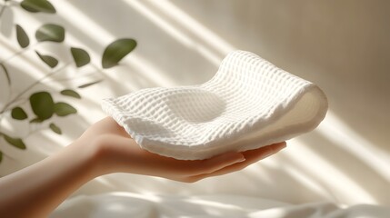 Textured Paper Towel Draped in Hand on Minimalist Background