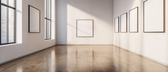 Fototapeta premium A spacious art gallery featuring empty frames on white walls, illuminated by natural light streaming through large windows, creating a serene atmosphere.
