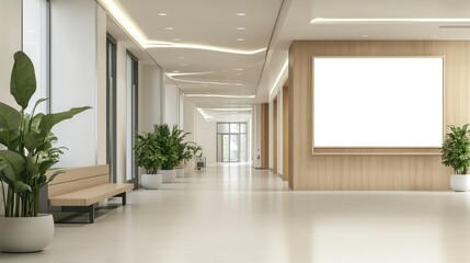 Fototapeta premium Blank billboard prominently displayed in a hospital lobby, under bright, clinical lighting, with a clean, modern design.