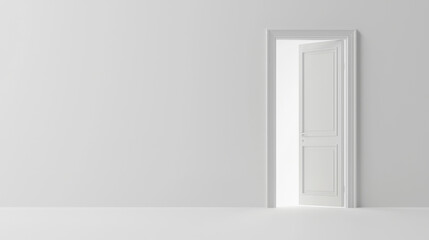 Fototapeta premium A white door is open, revealing a bright room. The door is the only object in the image, and it is the main focus. The room is empty, with no furniture or decorations