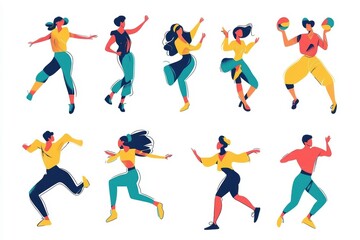 A vibrant illustration of diverse people engaging in various dynamic poses, showcasing movement, energy, and creativity in their athletic and dance styles
