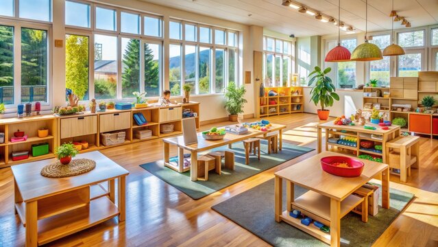 Colorful classroom filled with natural light, wooden learning materials, and carefully arranged activity stations, evoking a sense of curiosity and collaborative learning in young children.