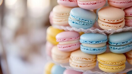 Obraz premium Close-up of a colorful macaron tower featuring pastel pink, blue, and yellow hues, arranged in a delicate, tiered formation