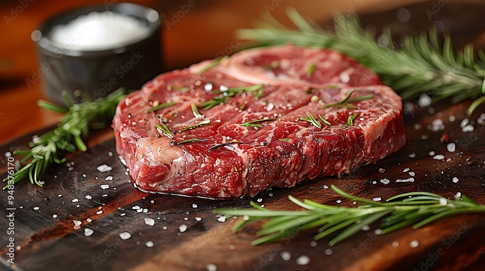 Wall mural a high-definition shot of a raw ribeye steak on a weathered wooden board, with rosemary sprigs, thym