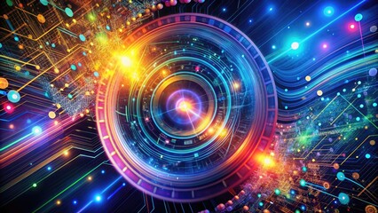 Colorful digital abstract with swirling patterns of 1s and 0s, circuits, and geometric shapes, representing data analysis, computer programming, and innovative technology.