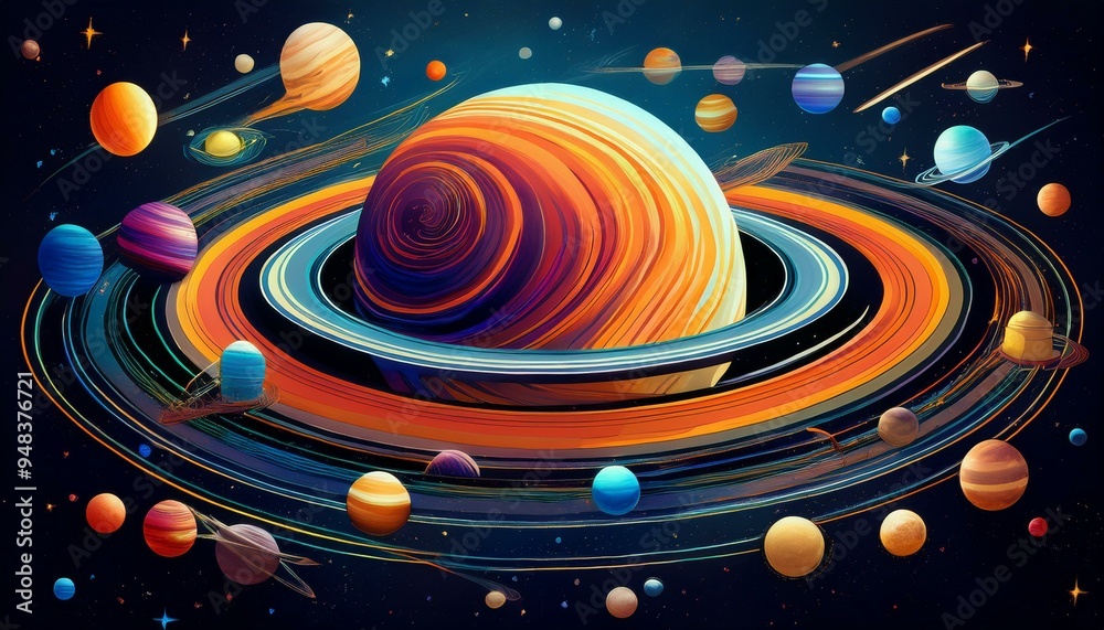 Wall mural artistic representation of the solar system with exaggerated planetary sizes and vibrant colors.