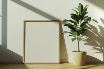 A minimalist setting featuring a blank frame and a leafy plant, casting shadows on a light-colored wall and wooden floor, creating a serene and modern ambiance