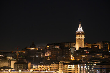 Galata tower at night in Istanbul, Turkey.