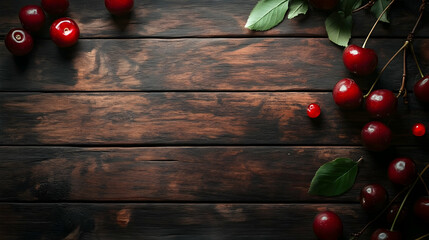 Naklejka premium Cherries with leaves on a dark wooden background, with copy space.