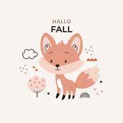 Fox among autumn leaves, mushrooms and berries. Poster for the children's room.Text Autumn is here