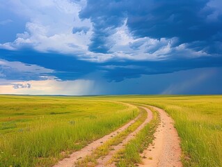 Obraz premium Winding dirt road through vibrant green fields under dramatic stormy skies at dusk