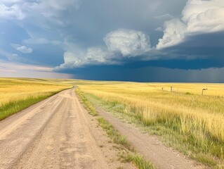 Fototapeta premium A winding dirt road through golden fields under an expansive stormy sky at dusk