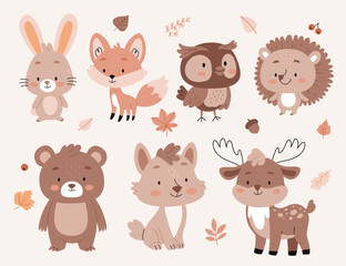 Cute baby woodland animal vector set in modern Scandinavian style. Beige colors. Hare, fox, owl, hedgehog, bear, wolf, deer. Print for children's room.