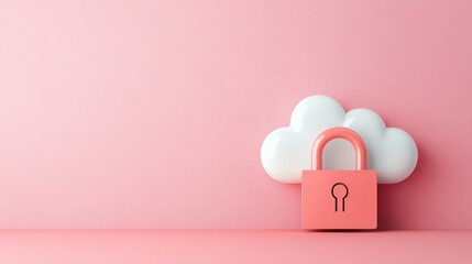 Cloud data security concept with lock and cloud icon on pink background..