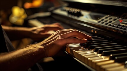A musician with intense focus playing a complex piece on the piano