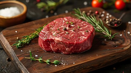 A raw filet mignon placed on a rustic wooden wooden board, surrounded by fresh thyme sprigs, cracked black pepper, and coarse sea salt, soft natural light creating gentle shadows,
