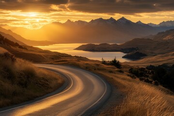 Fototapeta premium A winding road leads through golden fields, with mountains in the background illuminated by a dramatic sunset over a serene lake
