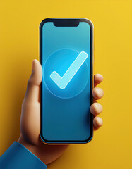 3D render of a hand holding a cellphone with a checkmark symbol displayed on the screen, often referred to as a "tick mark," all set against a yellow background