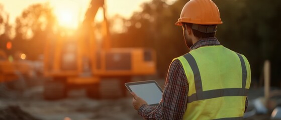 A construction worker in safety gear uses a tablet to monitor operations at a construction site during sunset.