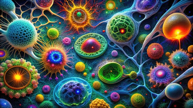 Colorful illustration of cellular structures showcasing various techniques, including fluorescence microscopy, confocal imaging, and transmission electron microscopy, to visualize cellular components.