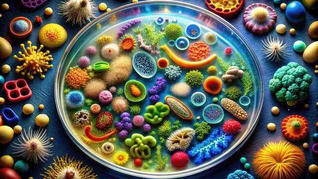 Colorful illustration of diverse microbial communities in a petri dish, showcasing various bacteria, fungi, and archaea species under a microscope for analysis.