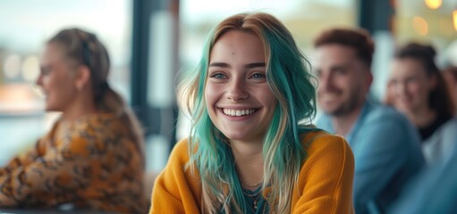 Fototapeta premium Smiling young woman with turquoise hair and yellow sweater enjoying time with friends in a lively cafe