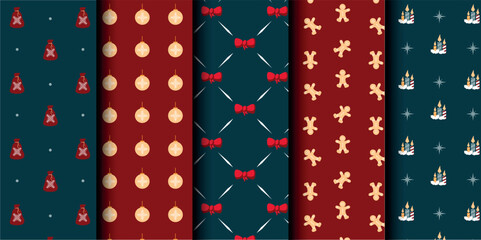 Fototapeta premium Set of Christmas vector seamless pattern. Merry Christmas and Happy New Year. Christmas symbols background. Vector red and blue seamless illustration