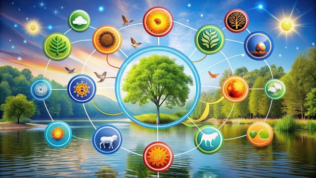 Colorful, interconnected circles represent a thriving ecosystem, with icons for trees, animals, water, and sun, surrounded by swirling lines and organic shapes.