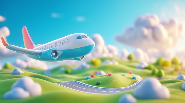 A colorful cartoon airplane flying over a vibrant landscape with rolling hills and fluffy clouds under a bright sky, 3d illustration.
