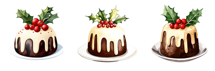 Fototapeta premium A Christmas Pudding Festive Dessert Watercolor Painting with Colorful Details Isolated on White and Transparent Background