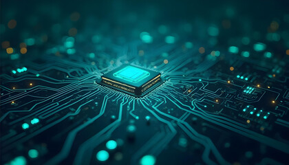 Conceptual design of a futuristic processor chip on a motherboard with glowing blue elements technology background