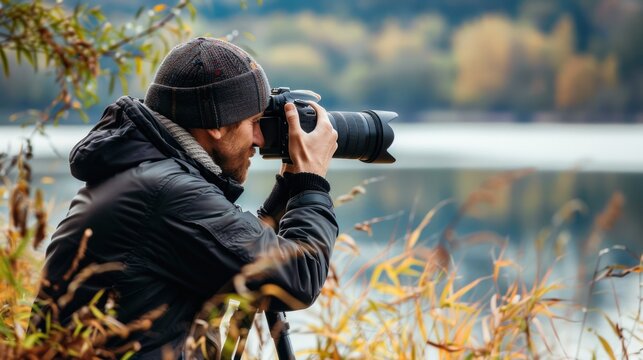 A photographer adjusting the camera focus while capturing a portrait