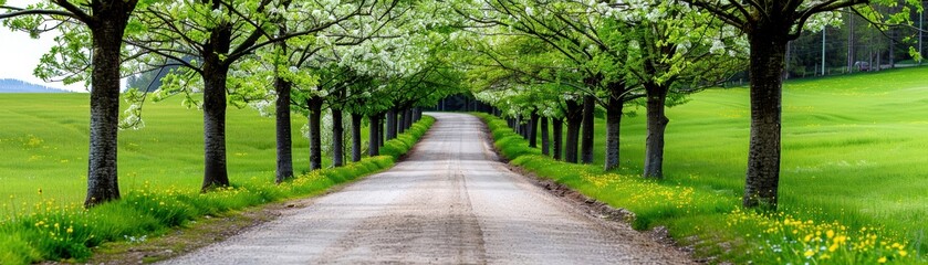 Obraz premium Idyllic tree-lined country road stretching into the distance, flanked by lush green fields under a bright sky, capturing serene countryside beauty.