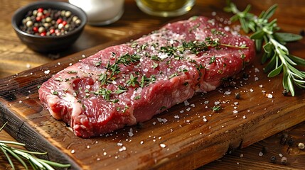Obraz premium A raw flat iron steak on a wooden wooden board, a mix of herbs and sea salt scattered around, ground black pepper adding texture, soft diffused light from the side, warm tones, rustic kitchen setting.