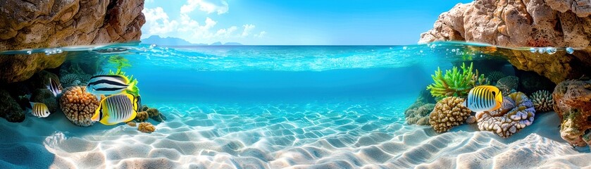 Stunning underwater landscape with vibrant coral reef, colorful fish, and crystal-clear turquoise water beneath a sunny blue sky.