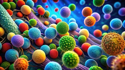 Fototapeta premium Colorful microscopic image of bacteria cells, rod-shaped and spherical, clustering together, with flagella visible, illustrating the complexity of microbiology and bacterial behavior.