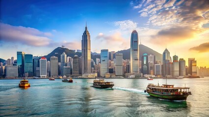 Fototapeta premium Scenic view of Hong Kong harbour with skyline and boats
