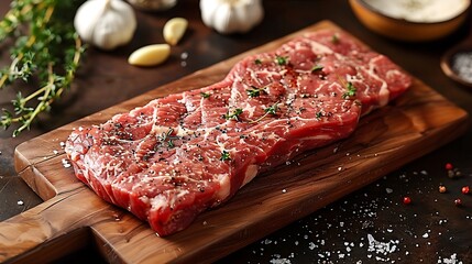 Obraz premium A raw flat iron steak on a wooden wooden board, with fresh thyme, garlic cloves, and ground black pepper scattered around, soft diffused light from the side, vibrant colors, rustic kitchen setting.