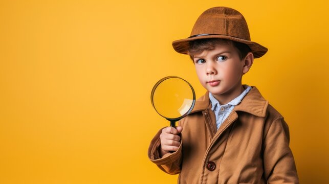 Kid wearing a detective hat, holding a magnifying glass and pretending to solve a mystery