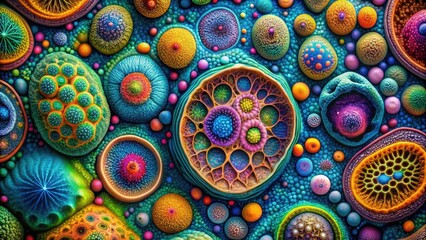 Colorful microscopic image of cellular structures, showcasing intricate details of biological specimens under high magnification, with vibrant hues and abstract patterns.