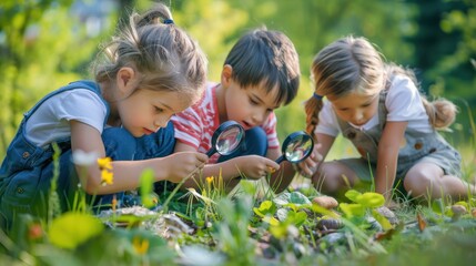 Fototapeta premium Group of children gathered around, each holding a magnifying glass and exploring nature