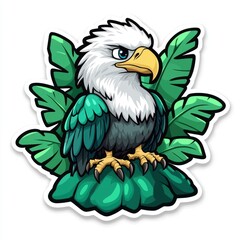 Fototapeta premium Cartoon Bald Eagle Perched On Rock With Tropical Plants