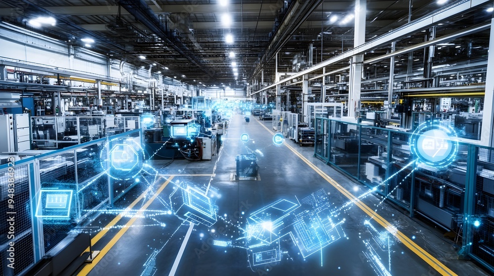 Poster streamlined smart factory floor with iot enabled machinery and automation for efficient production a