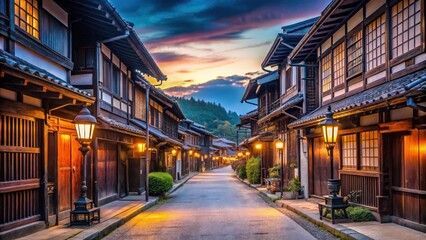 Fototapeta premium Twilight in old street of Takayama, Japan featuring traditional buildings and lanterns