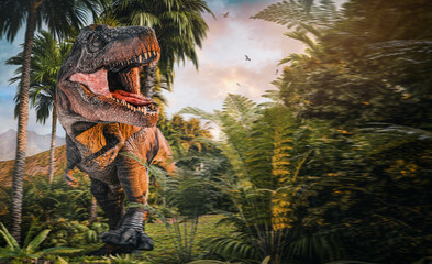 Jurrasic scene - Trex dinosaur in foggy forest 3D illustration. made in Blender