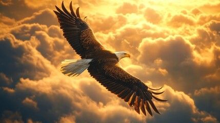 Fototapeta premium Majestic Bald Eagle Soaring Through Golden Clouds