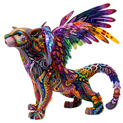 Colorful and intricate alebrije sculpture of a winged feline creature